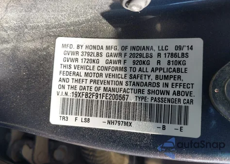 2015 Honda Civic Ex-L z USA, uszkodzony, nr VIN 19XFB2F91FE200567